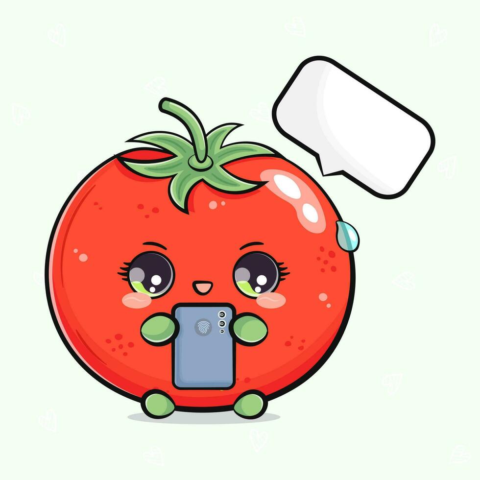 pomodoro con un' smartphone nel mano. vettore mano disegnato cartone animato kawaii personaggio illustrazione icona. isolato su bianca sfondo. pomodoro personaggio concetto