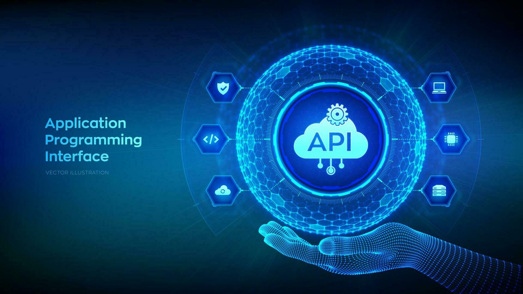 api. applicazione programmazione interfaccia nel il forma di sfera con esagono griglia modello nel wireframe mano. Software sviluppo attrezzo, nube calcolo tecnologia concetto. vettore illustrazione.