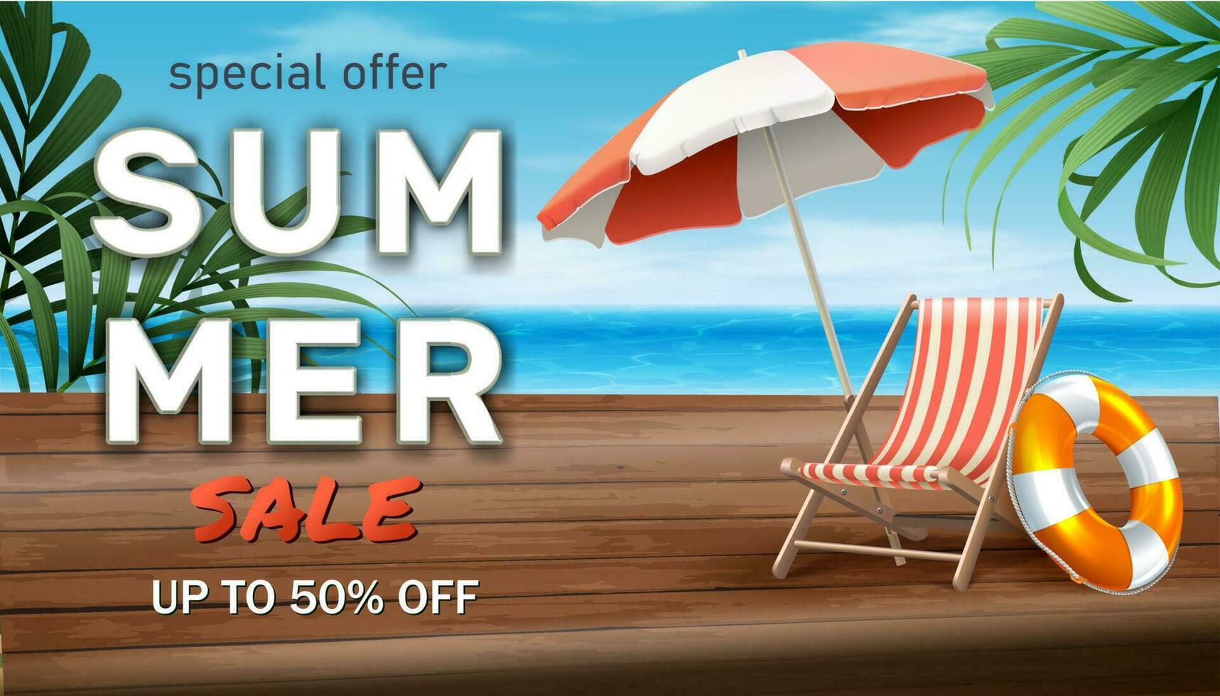 vettore estate vendita sfondo con sole letto e ombrello su il mare spiaggia sfondo.