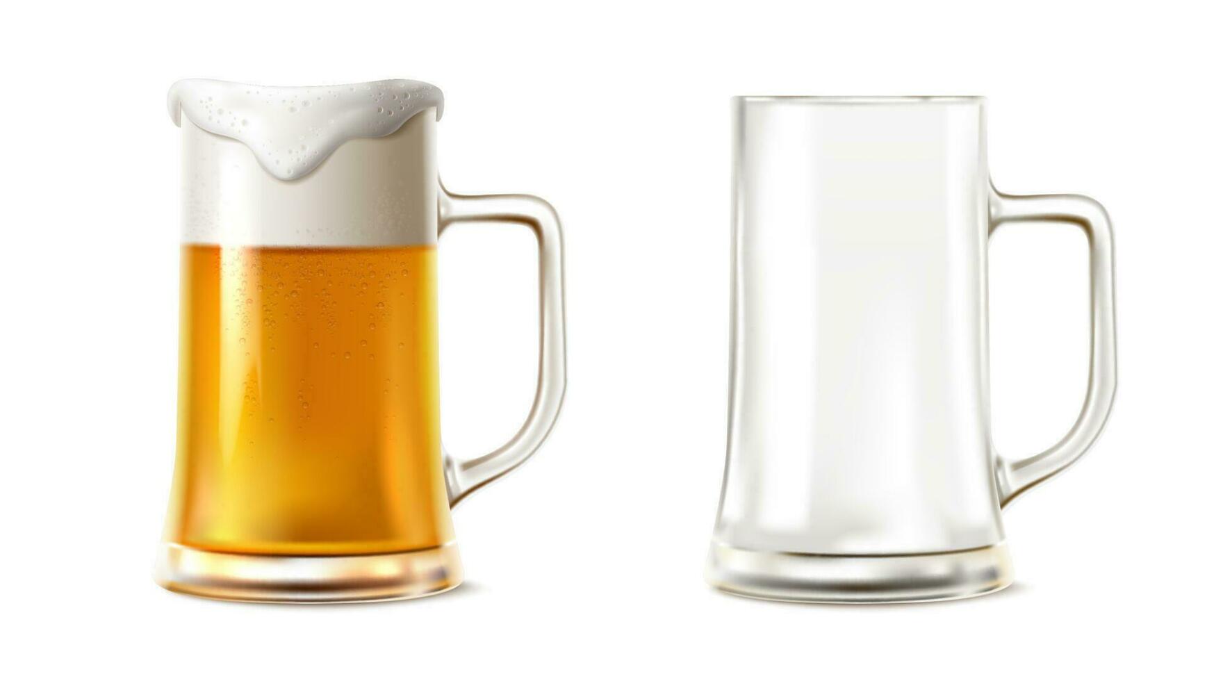 3d realistico vettore icona illustrazione. birra boccale con schiuma e vuoto bicchiere tazza. isolato su bianca sfondo.