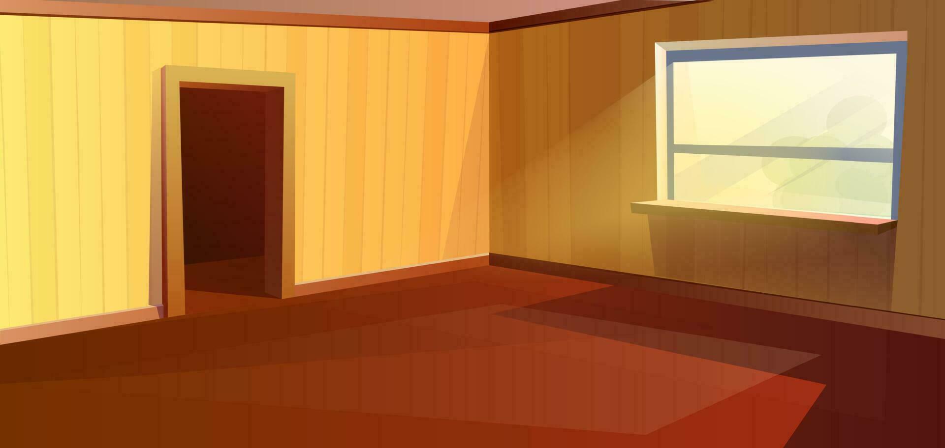 cartone animato stile vuoto camera. vivente camera, cucina o Hotel camera con grande finestra e luce del sole, e porta corridoio. vettore