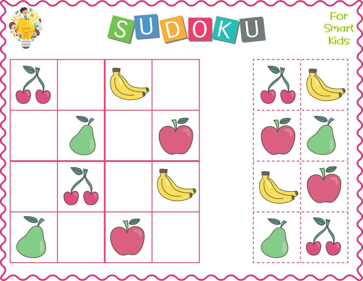 sudoku per figli, è un educativo gioco. cartone animato frutta S mela, Banana, Pera, e ciliegia. uso forbici e colla per riempire nel il mancante elementi. logico pensiero con bene il motore abilità per bambini vettore