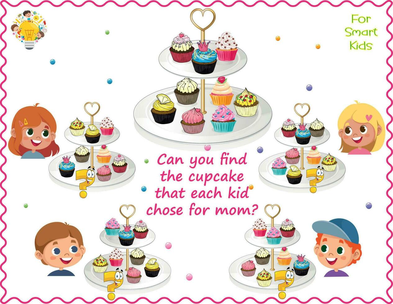 logica puzzle per bambini. può voi trova il Cupcake quello ogni ragazzo scelto per mamma. educativo gioco. pagina per il bambini cervello occhiolino libro. compito per attenzione. vettore