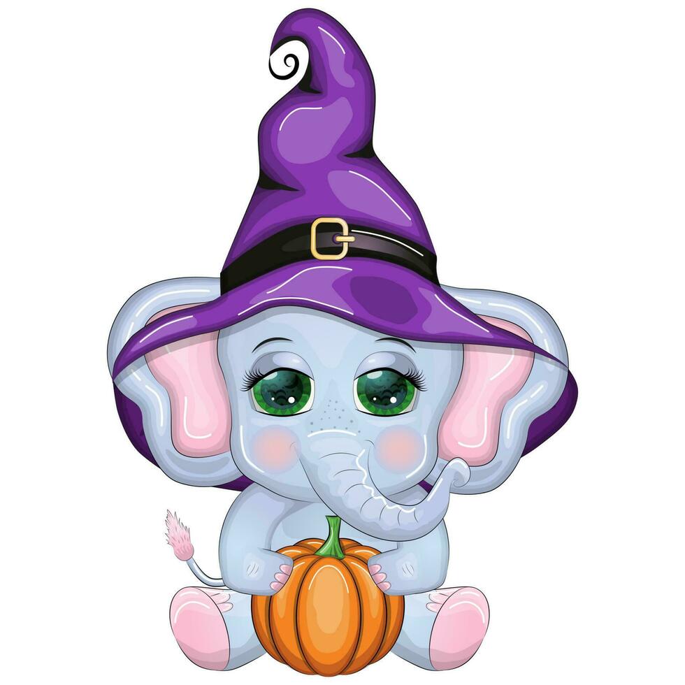 carino cartone animato elefante, infantile personaggio nel procedura guidata cappello con zucca, pozione o scopa, Halloween vettore