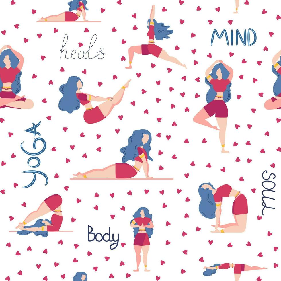 yoga senza soluzione di continuità modello donna è impegnato. yoga pose, loto, mostri. Salute di mente e corpo vettore