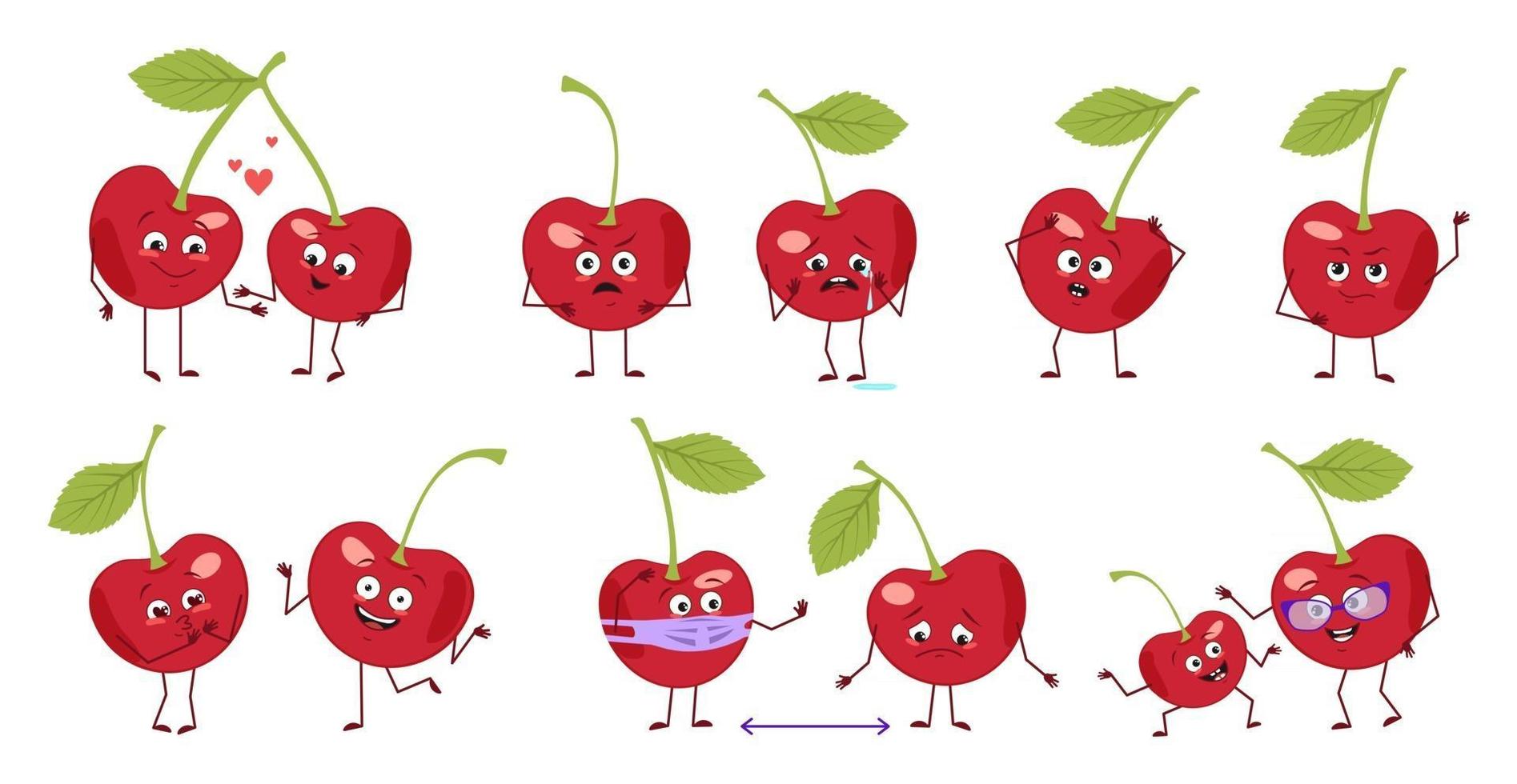 set di simpatici personaggi ciliegia con emozioni facce braccia e gambe eroi felici o tristi bacche rosse gioca innamorarsi mantenere le distanze con una maschera un sorriso o lacrime vettore