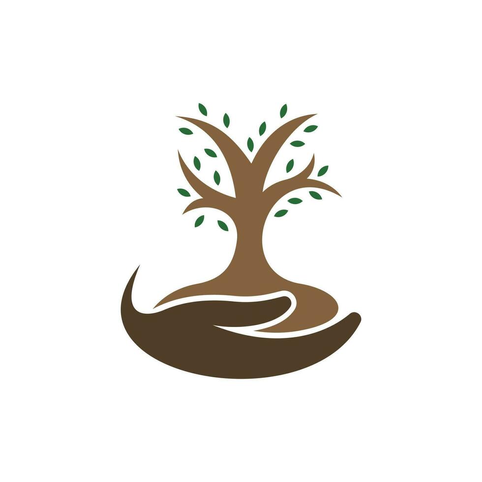 umano mani e albero con verde le foglie. albero vita logo design vettore