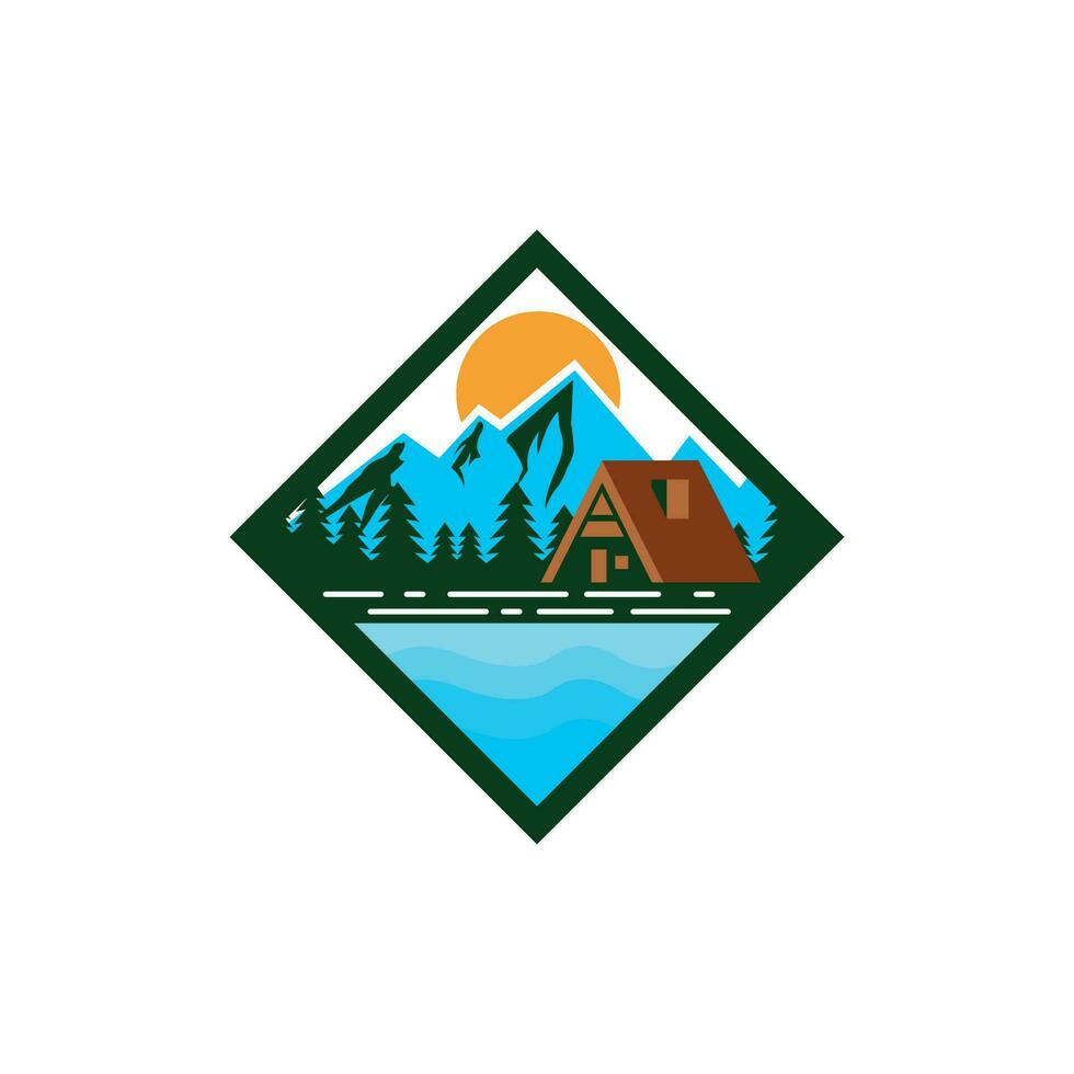 cabina Casa affitto logo, minimalista paesaggio colline, montagna picchi fiume torrente semplice logo design vettore