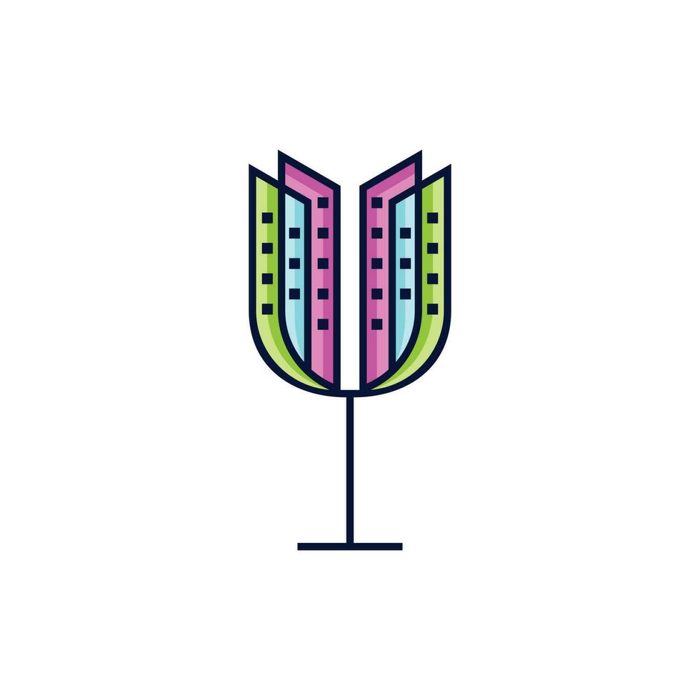 bicchiere vino città logo disegno, città orizzonte paesaggio urbano edificio con vino bicchiere per cena ristorante bar vettore