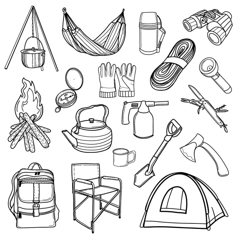 attrezzature turistiche. escursionismo, viaggi. un set di icone per il campeggio. illustrazione vettoriale in stile doodle. design per adesivi, stampa, riviste, blog