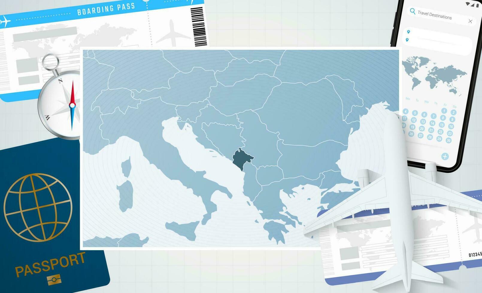 viaggio per montenegro, illustrazione con un' carta geografica di montenegro. sfondo con aereo, cellula Telefono, passaporto, bussola e Biglietti. vettore