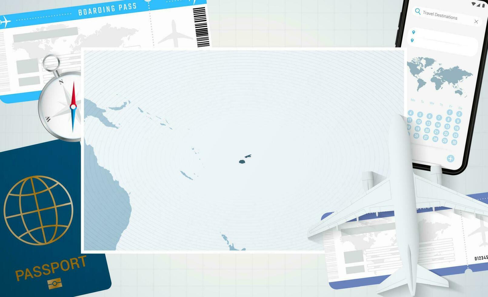 viaggio per Figi, illustrazione con un' carta geografica di Figi. sfondo con aereo, cellula Telefono, passaporto, bussola e Biglietti. vettore