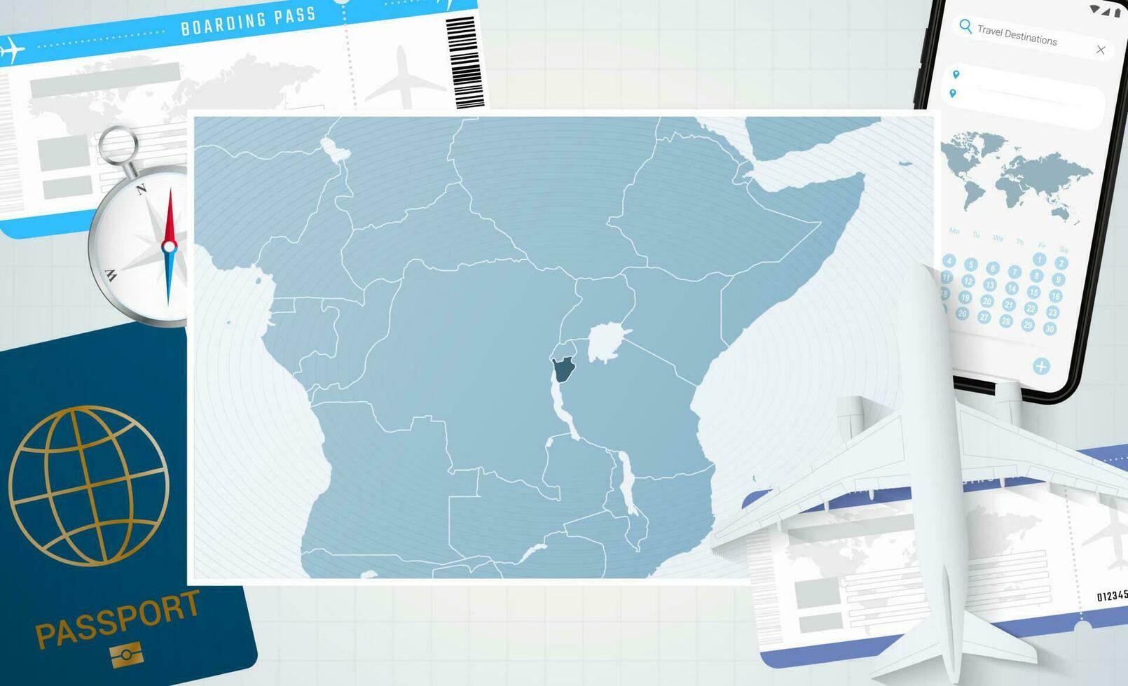 viaggio per burundi, illustrazione con un' carta geografica di burundi. sfondo con aereo, cellula Telefono, passaporto, bussola e Biglietti. vettore