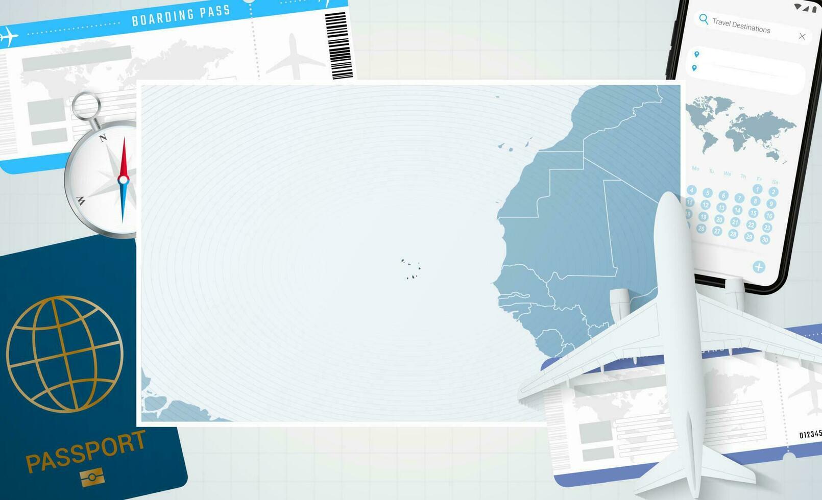 viaggio per capo verde, illustrazione con un' carta geografica di capo verde. sfondo con aereo, cellula Telefono, passaporto, bussola e Biglietti. vettore