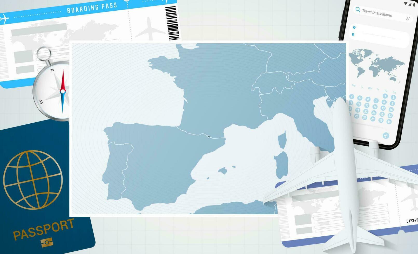 viaggio per andorra, illustrazione con un' carta geografica di andorra. sfondo con aereo, cellula Telefono, passaporto, bussola e Biglietti. vettore