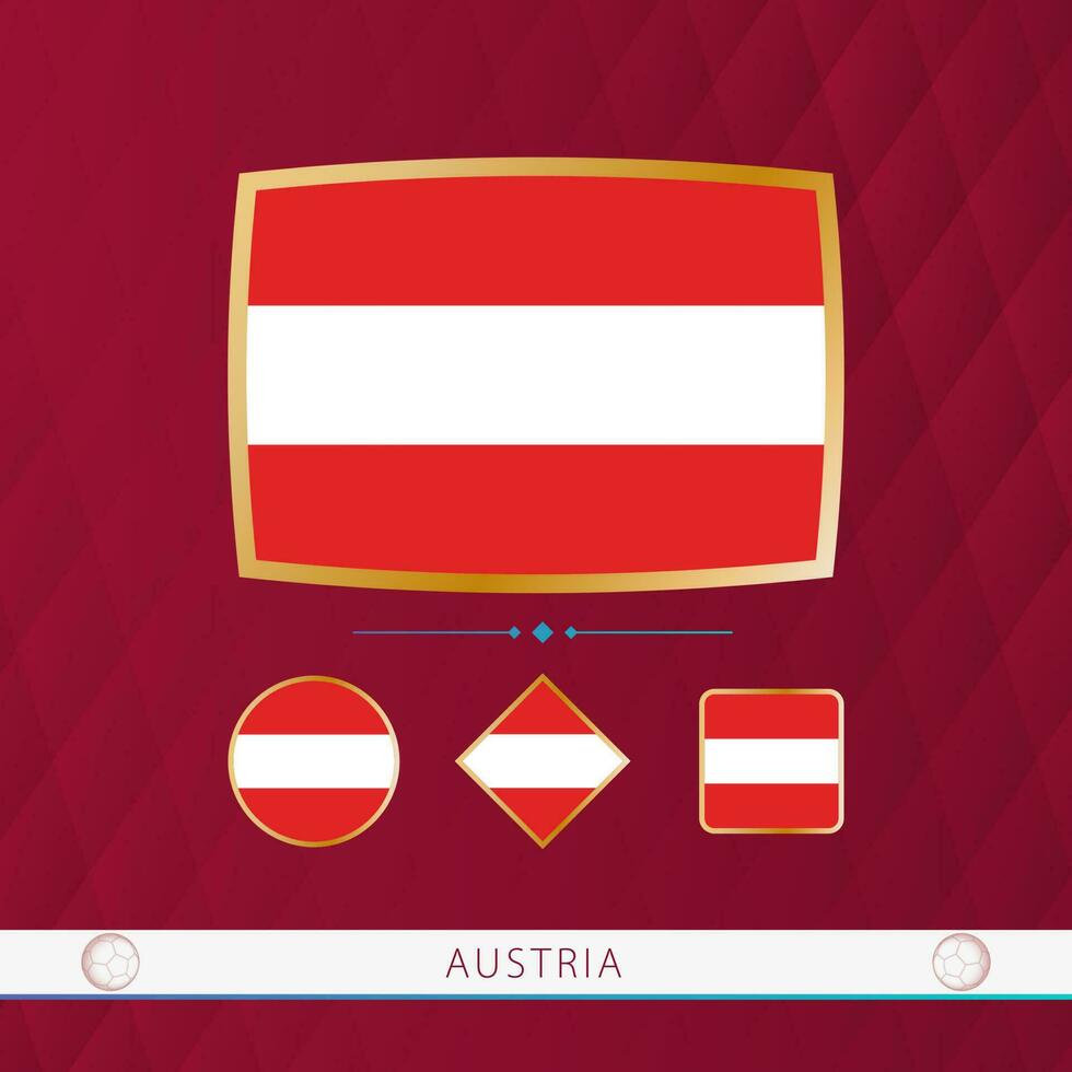 impostato di Austria bandiere con oro telaio per uso a sportivo eventi su un' Borgogna astratto sfondo. vettore