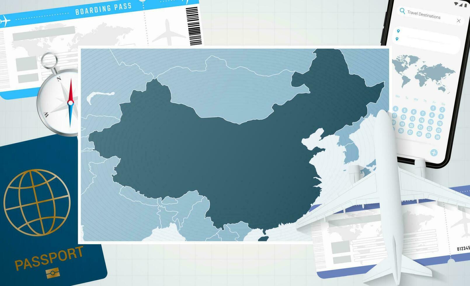 viaggio per Cina, illustrazione con un' carta geografica di Cina. sfondo con aereo, cellula Telefono, passaporto, bussola e Biglietti. vettore