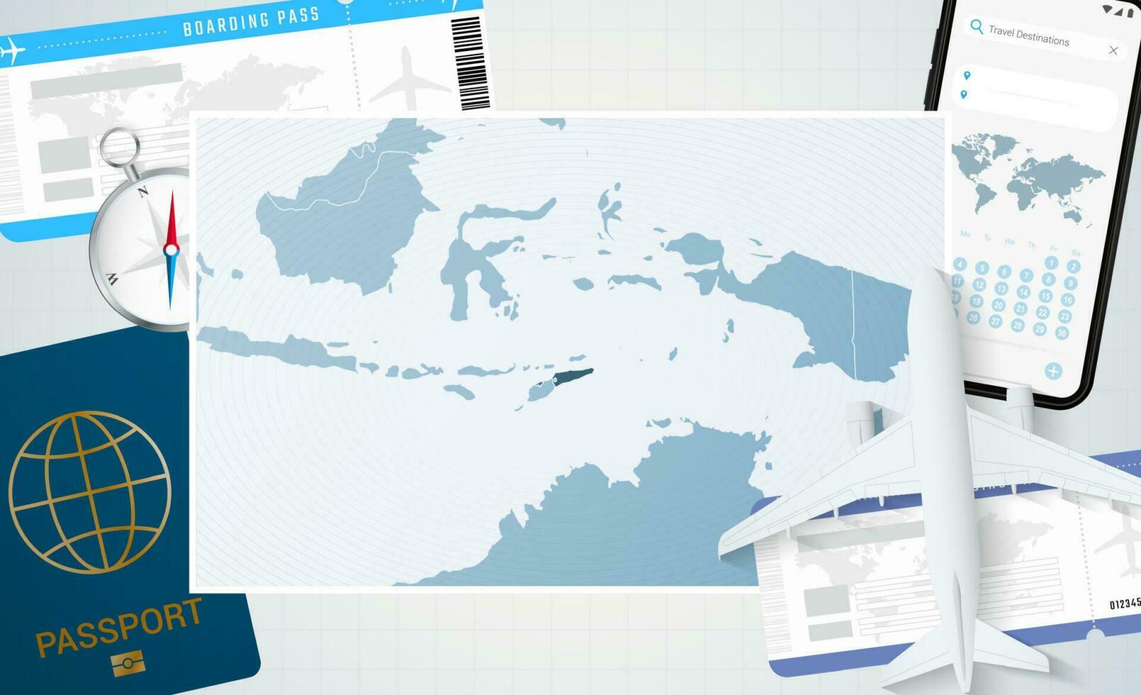 viaggio per est timor, illustrazione con un' carta geografica di est timor. sfondo con aereo, cellula Telefono, passaporto, bussola e Biglietti. vettore