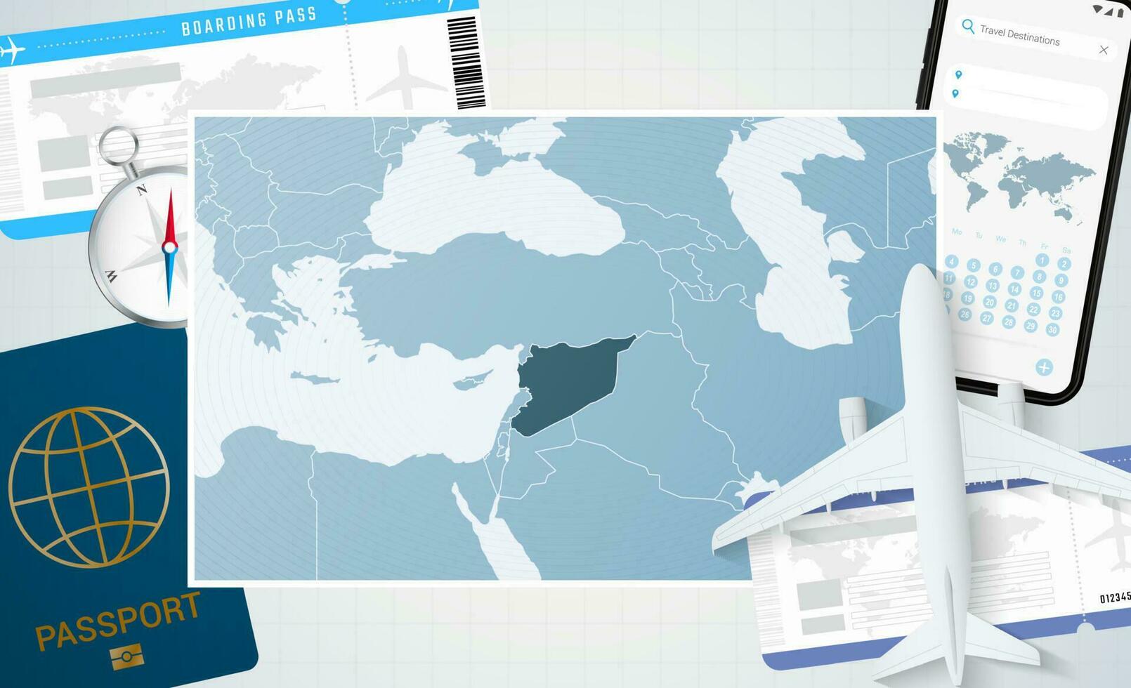 viaggio per Siria, illustrazione con un' carta geografica di Siria. sfondo con aereo, cellula Telefono, passaporto, bussola e Biglietti. vettore