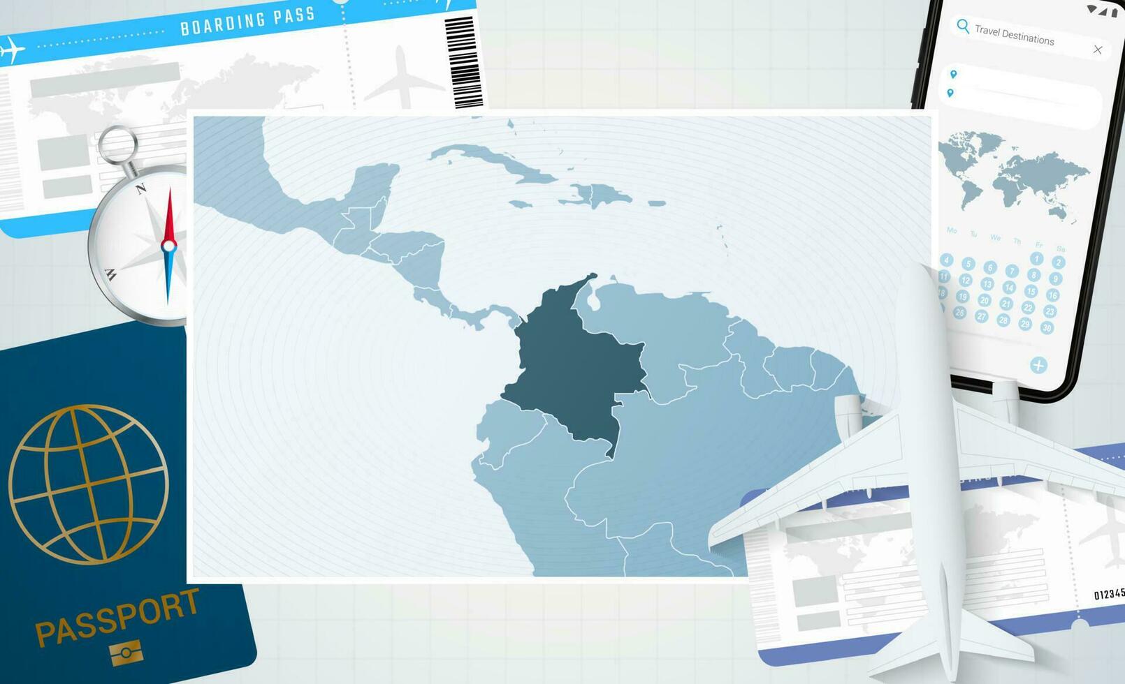 viaggio per Colombia, illustrazione con un' carta geografica di Colombia. sfondo con aereo, cellula Telefono, passaporto, bussola e Biglietti. vettore