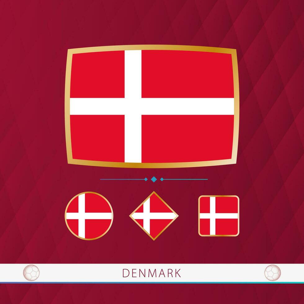 impostato di Danimarca bandiere con oro telaio per uso a sportivo eventi su un' Borgogna astratto sfondo. vettore