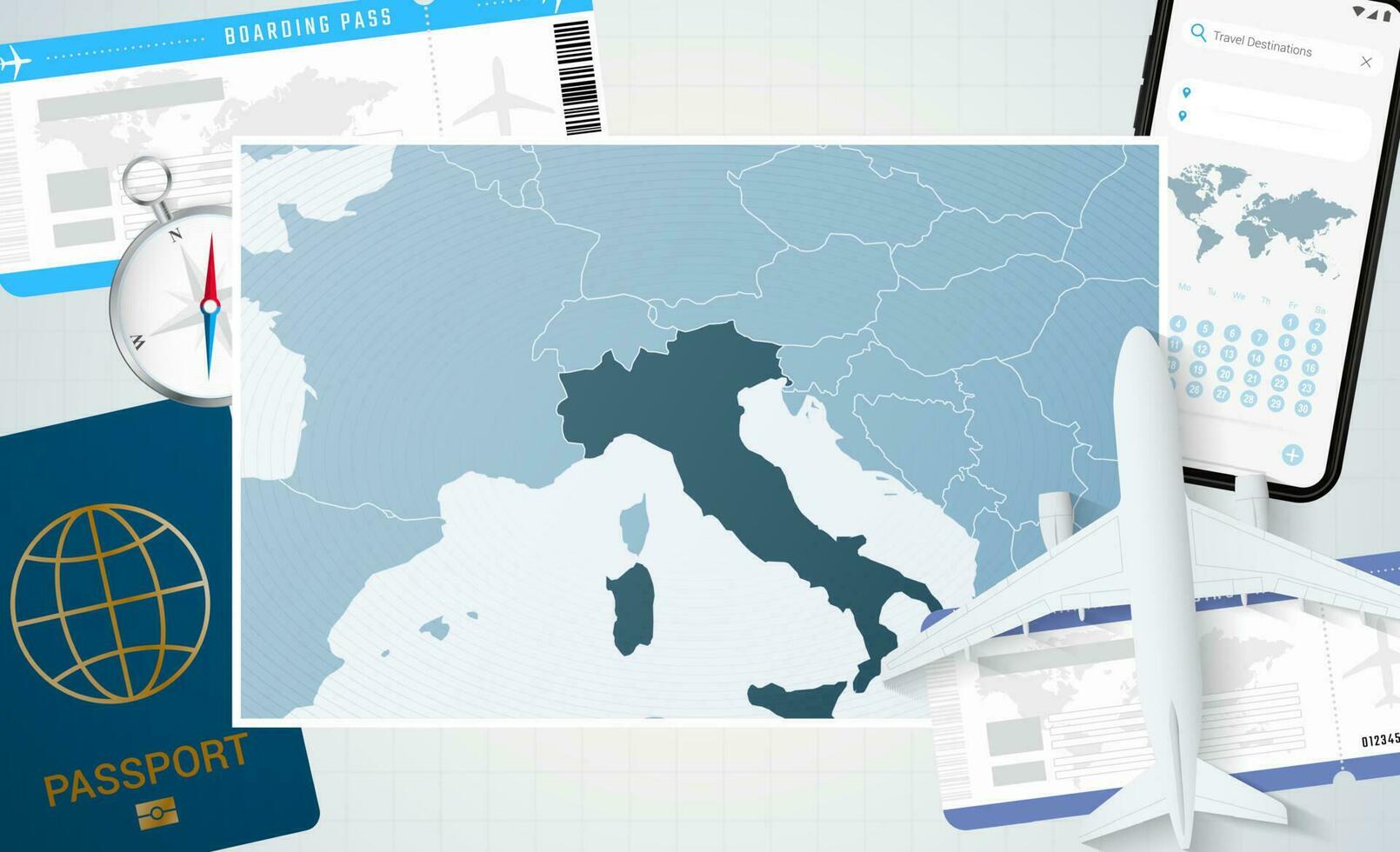 viaggio per Italia, illustrazione con un' carta geografica di Italia. sfondo con aereo, cellula Telefono, passaporto, bussola e Biglietti. vettore