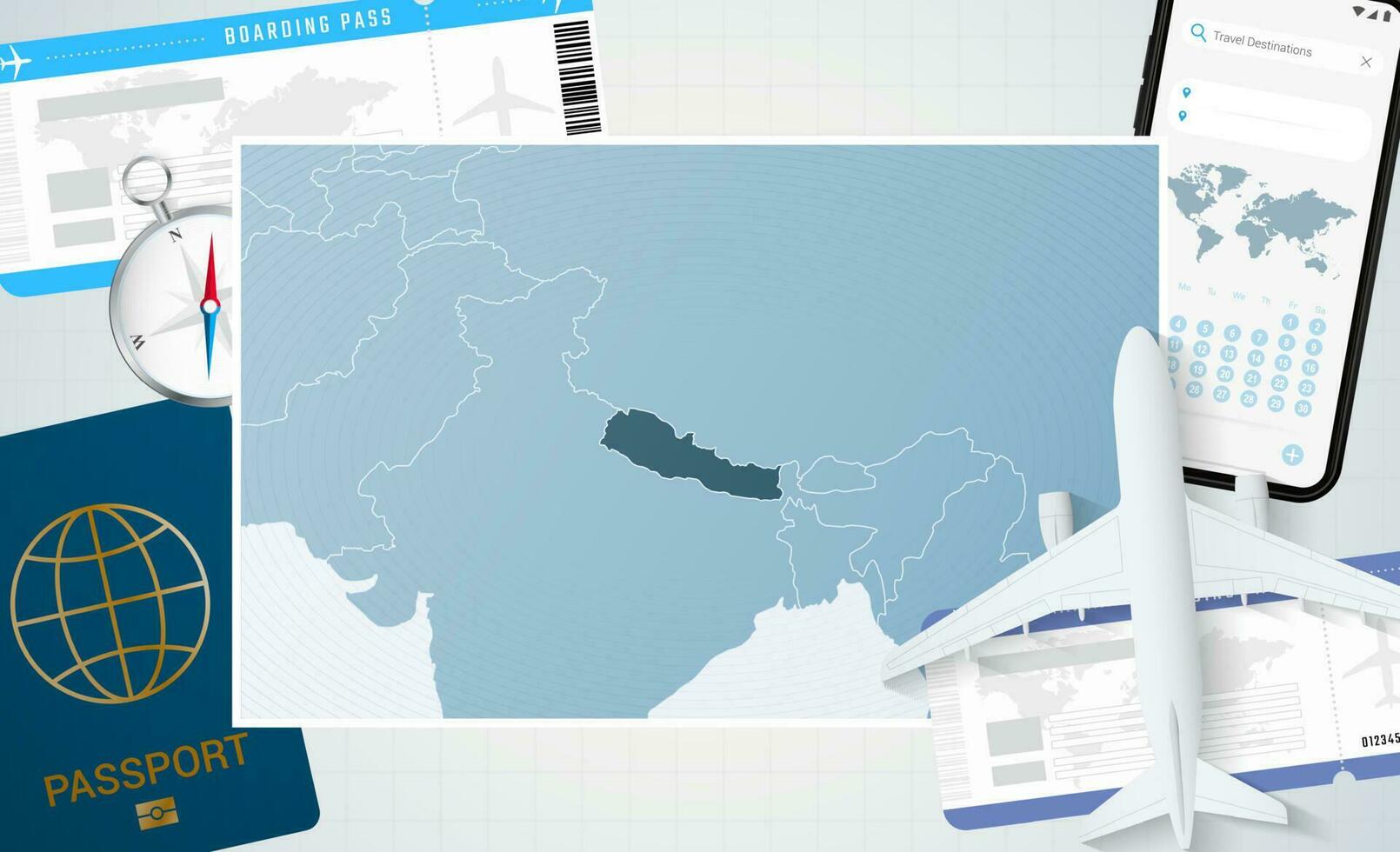 viaggio per Nepal, illustrazione con un' carta geografica di Nepal. sfondo con aereo, cellula Telefono, passaporto, bussola e Biglietti. vettore