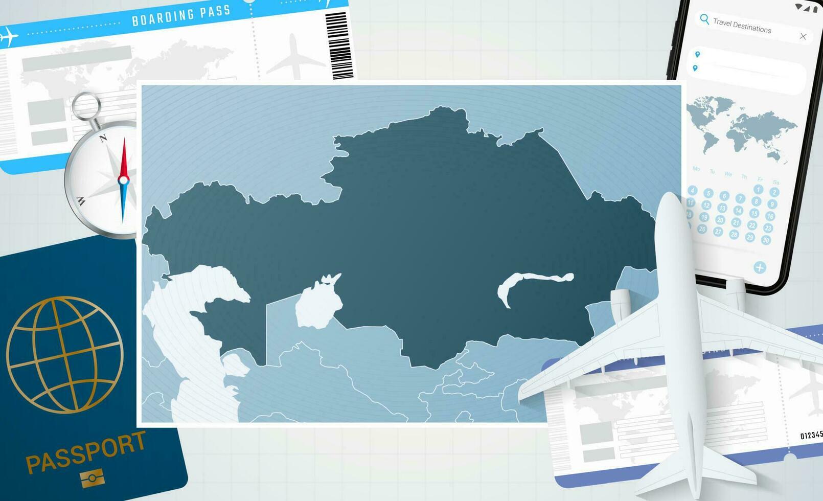 viaggio per kazakistan, illustrazione con un' carta geografica di kazakistan. sfondo con aereo, cellula Telefono, passaporto, bussola e Biglietti. vettore