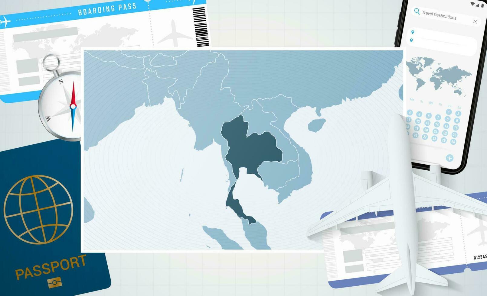 viaggio per Tailandia, illustrazione con un' carta geografica di Tailandia. sfondo con aereo, cellula Telefono, passaporto, bussola e Biglietti. vettore