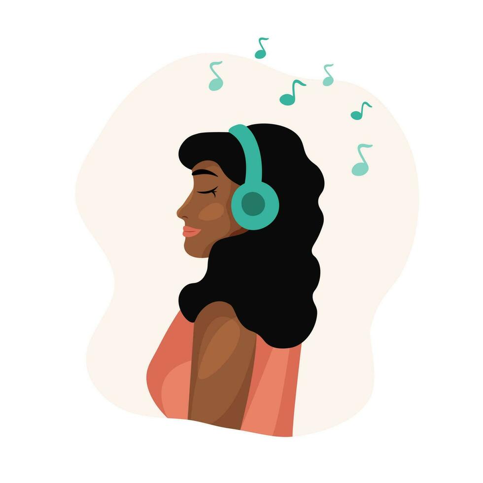 ragazza ascoltando per musica. giovane adulto africano americano donna spirito cuffie sorridente e godendo musica. vettore