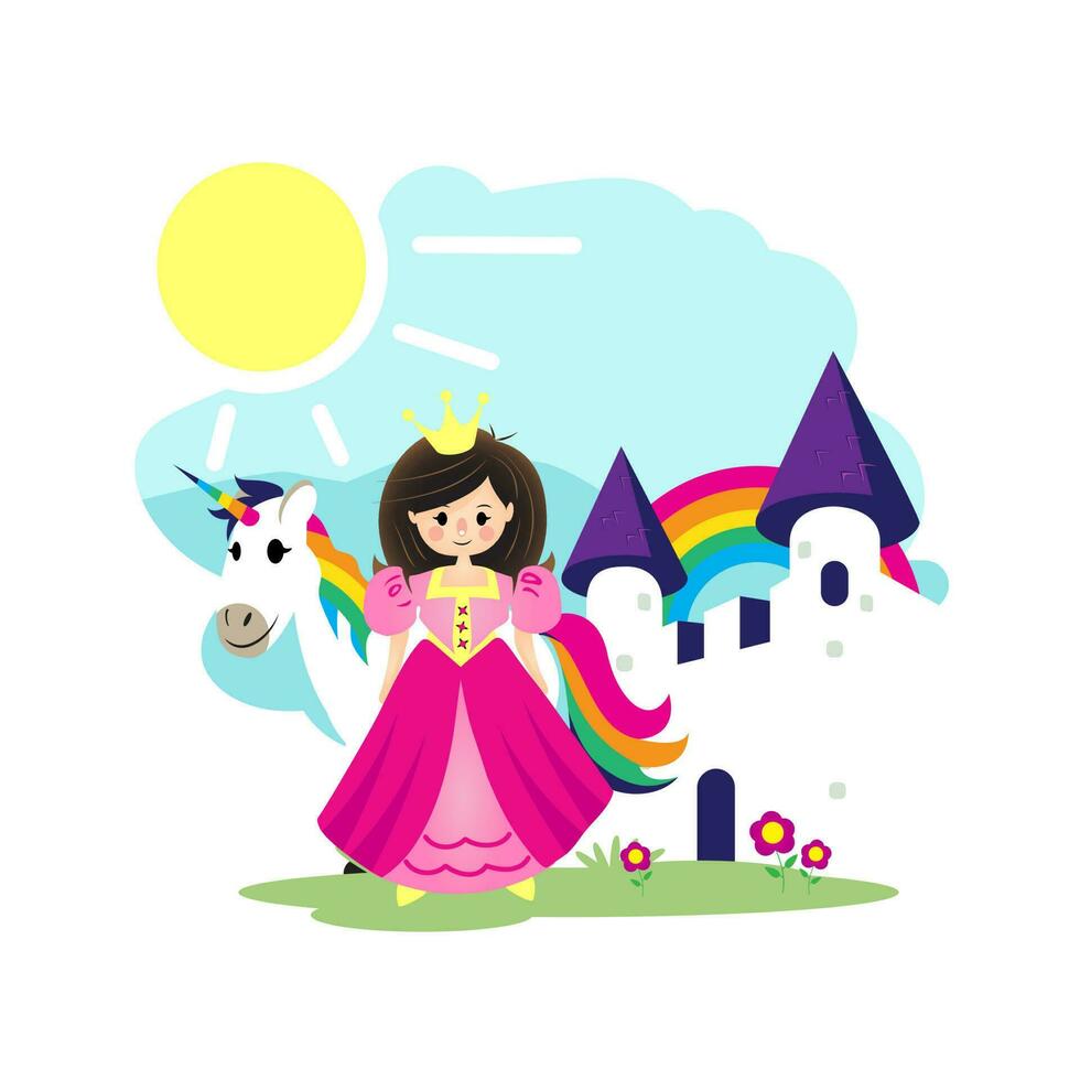 Principessa, unicorno e bianca castello illustrazione. può essere Usato come bambini libro coperchio, contenuto, eccetera. vettore