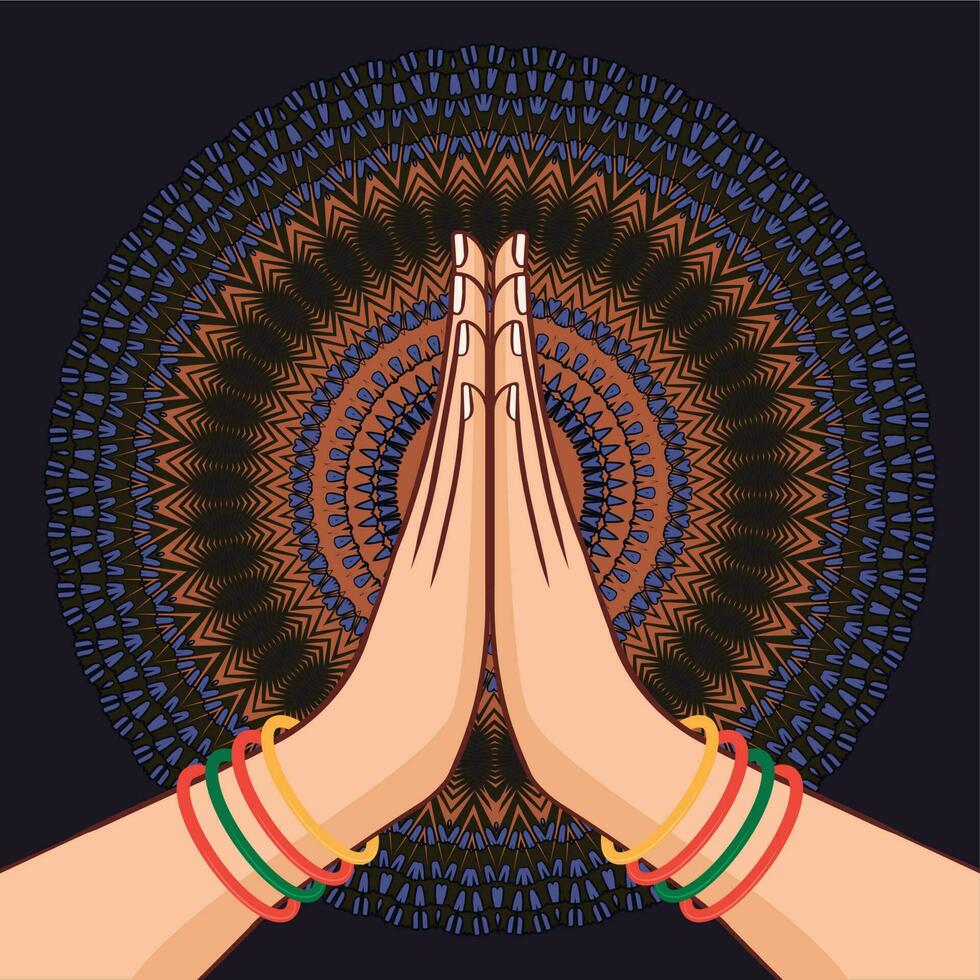 illustrazione del karma raffigurato con namaste, posizione di saluto della mano delle donne indiane di namaste con illustrazione vettoriale del fiore di loto