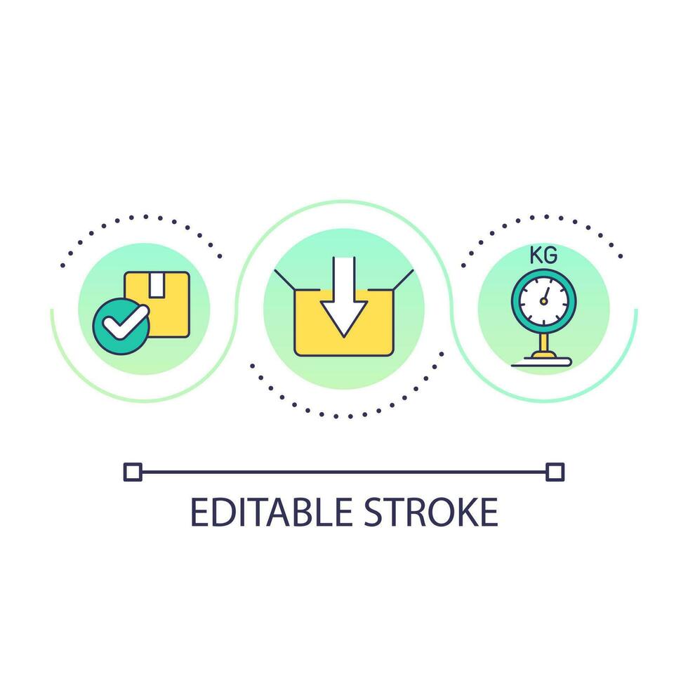 pacchetto requisiti ciclo continuo concetto icona. pacco dimensione limiti. postale servizio. consegna peso restrizione astratto idea magro linea illustrazione. isolato schema disegno. modificabile ictus vettore