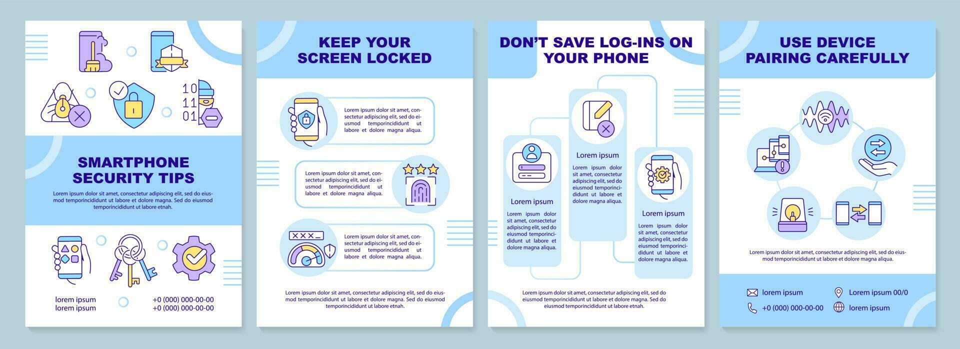 smartphone sicurezza suggerimenti blu opuscolo modello. mobile sicurezza. volantino design con lineare icone. modificabile 4 vettore layout per presentazione, annuale rapporti