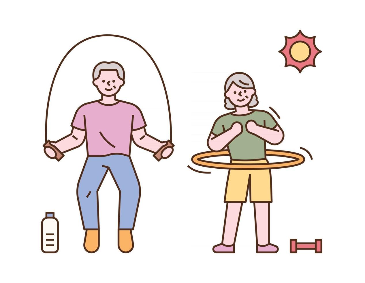 le coppie senior giocano insieme a saltare la corda e hula hoops. illustrazione di vettore minimo di stile di design piatto.