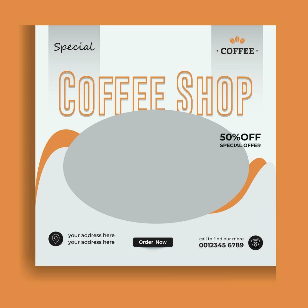 speciale caffè bevanda menù vendita promozionale sociale media inviare bandiera modello. caffetteria annuncio pubblicitario concetto, caffè espresso, negozio marketing piazza anno Domini. caffè tazza con Fumo e caffè fagioli vettore