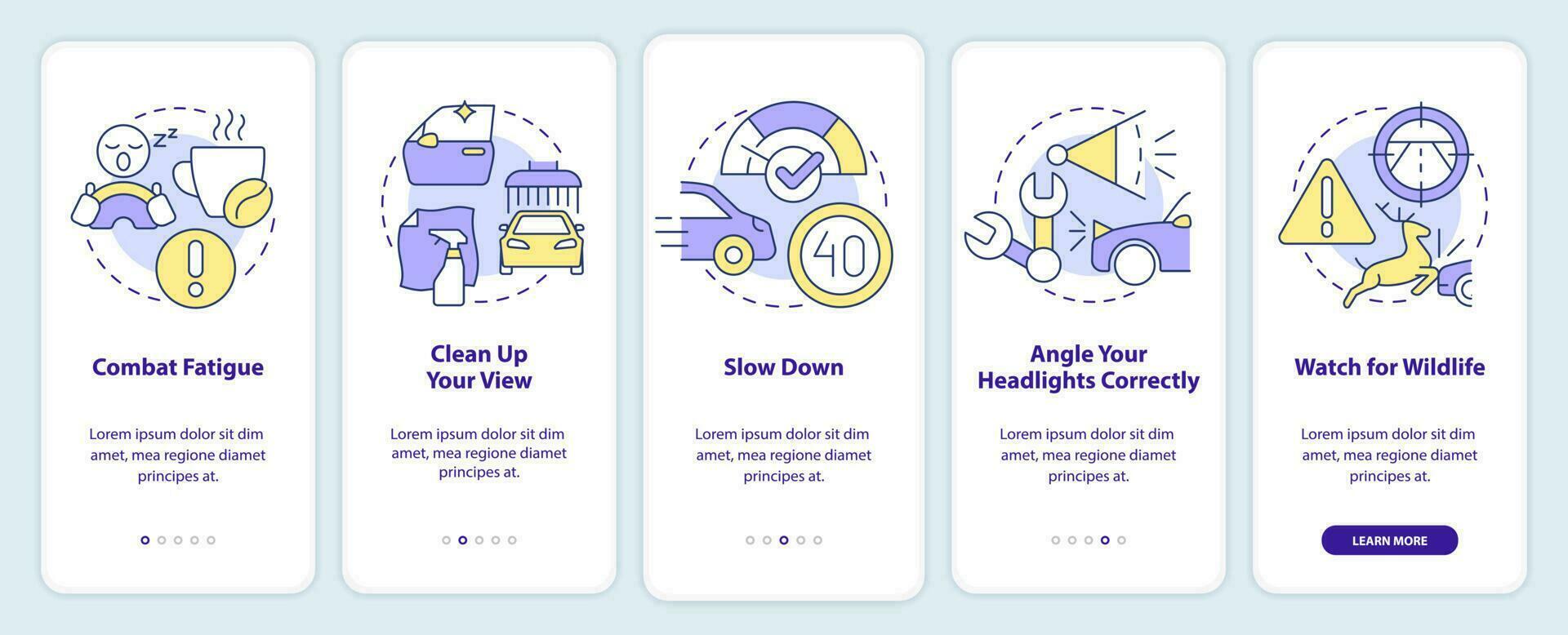 guida sicurezza a notte onboarding mobile App schermo. Procedura dettagliata 5 passaggi modificabile grafico Istruzioni con lineare concetti. ui, ux, gui modello vettore