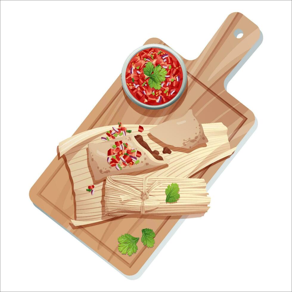 tamales con salsa salsa su un isolato sfondo. tradizionale messicano cibo. delizioso cibo vettore illustrazione