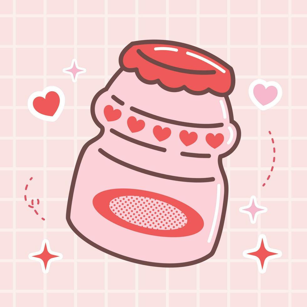 kawaii cibo cartone animato di gusto latte bere. vettore illustrazione via rosa carino bottiglia bevanda con giapponese scarabocchio stile per ragazzo Prodotto, etichetta, camicia