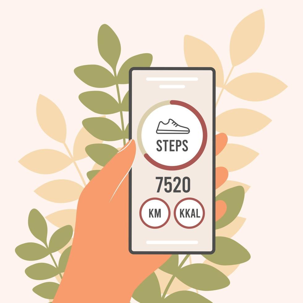 contapassi in un telefono cellulare. un'applicazione che conta i passi e tiene traccia dei tuoi progressi a piedi vettore