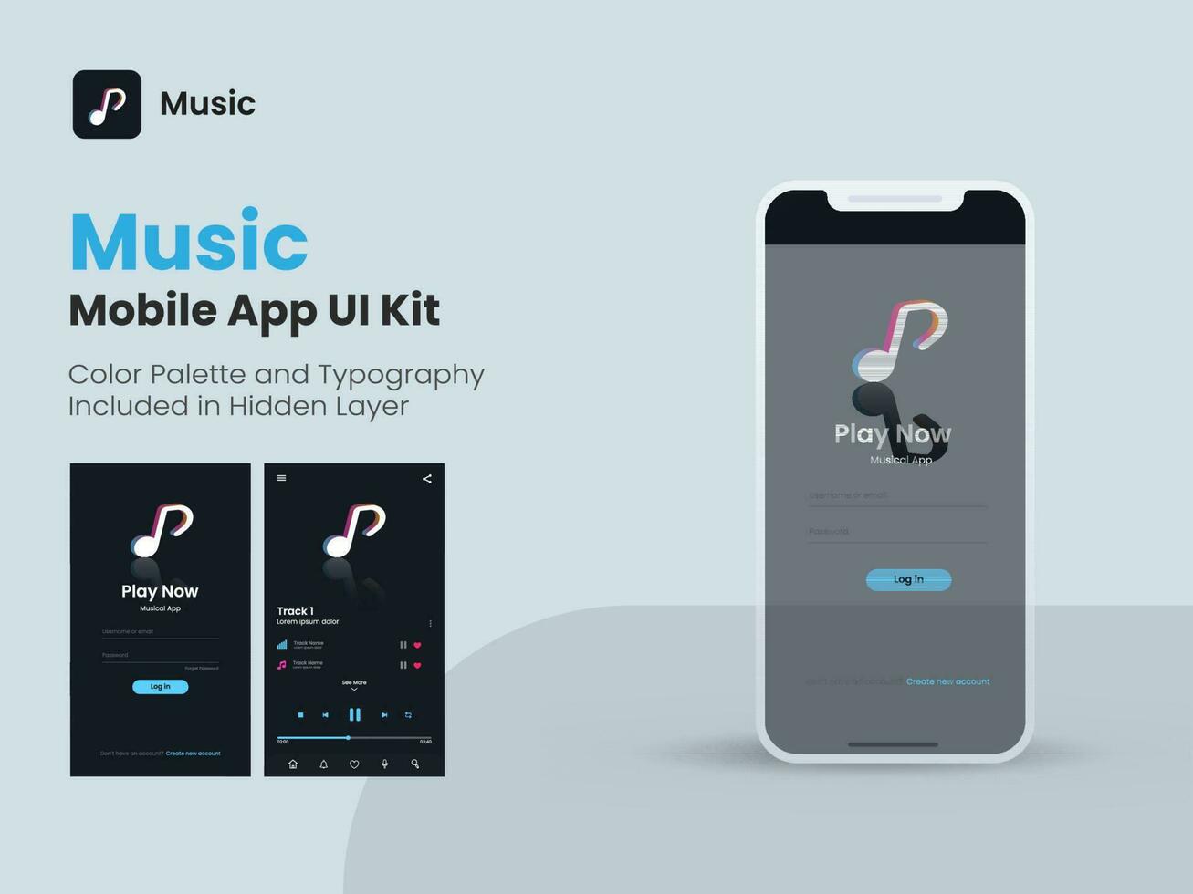 wireframe ui, UX e gui disposizione con Accedere, elenco di riproduzione schermo per musica mobile app. vettore