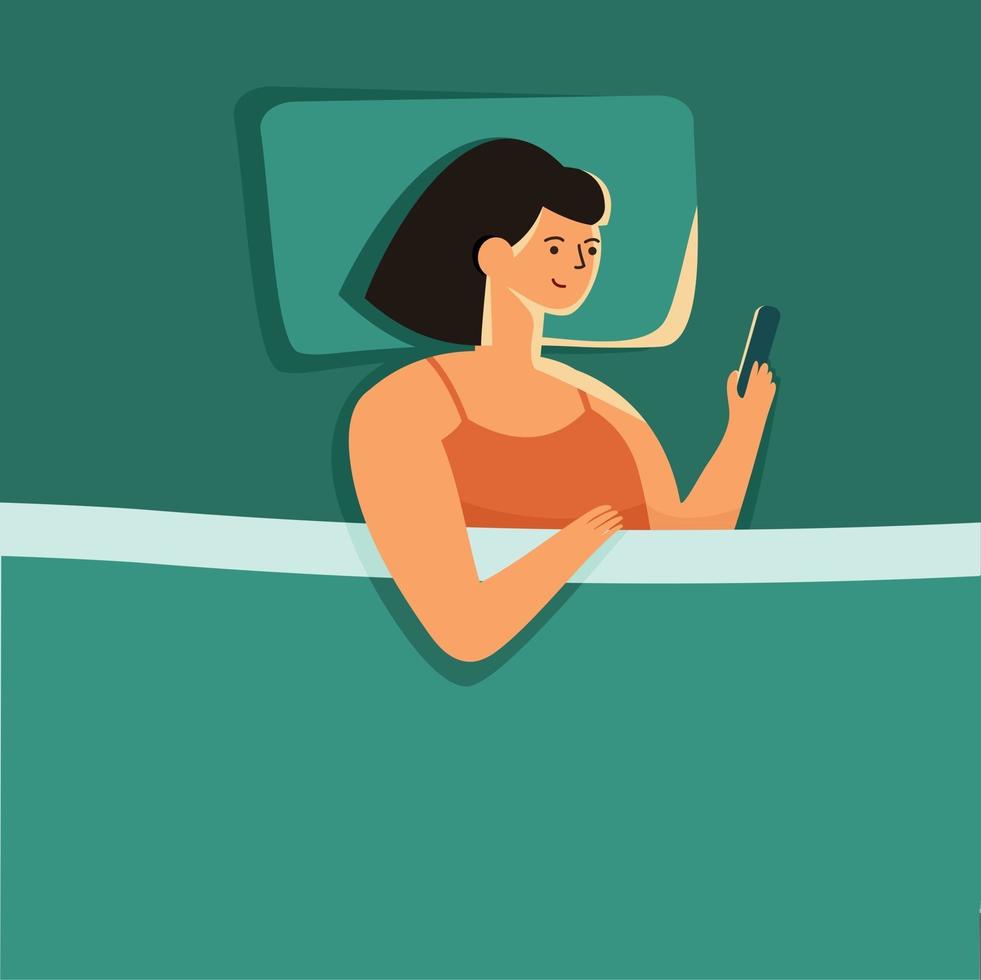 donna sdraiata da sola a letto la notte utilizza lo smartphone vettore