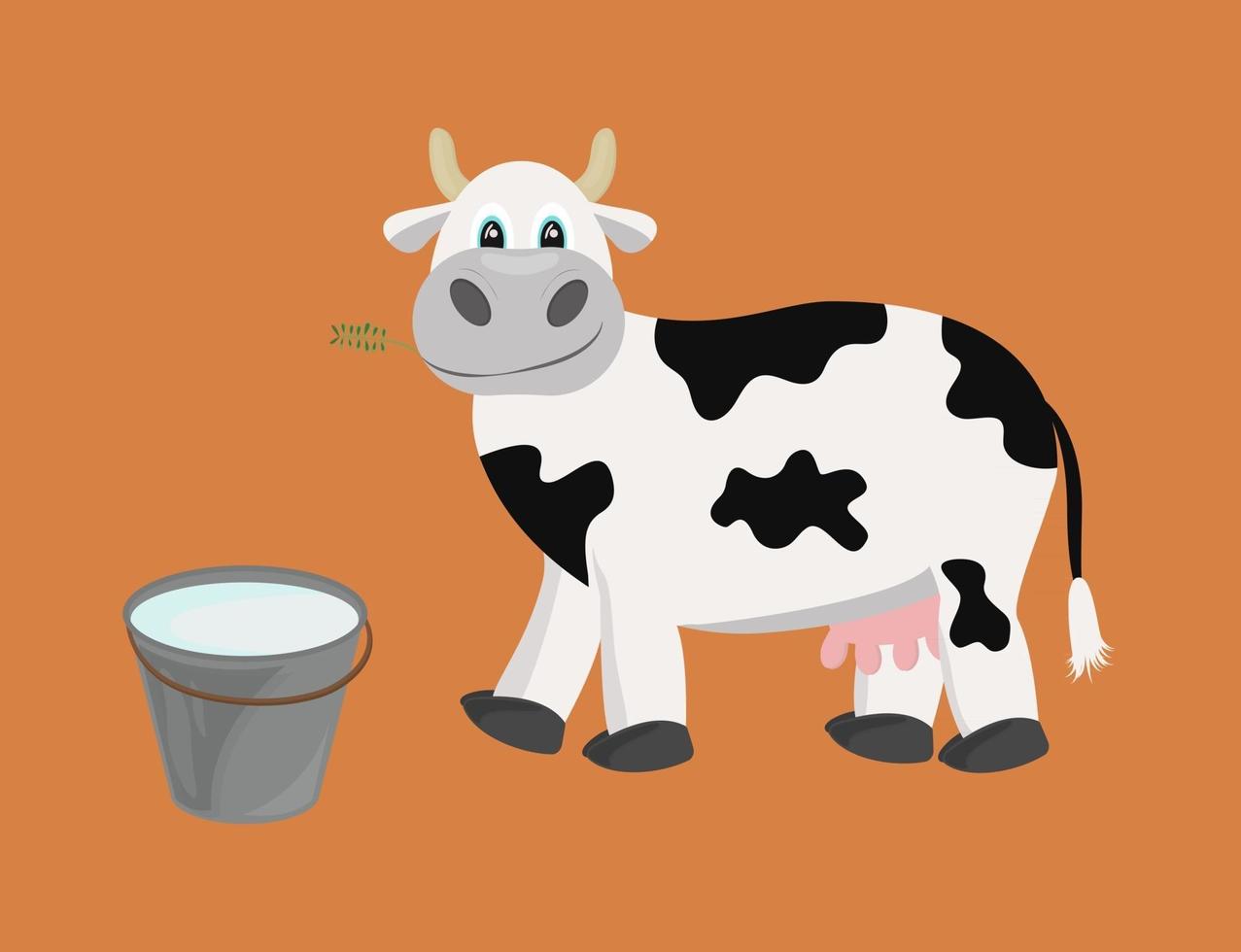 mucca bianca con macchie nere illustrazione vettoriale isolato mucca cartone animato sta masticando erba