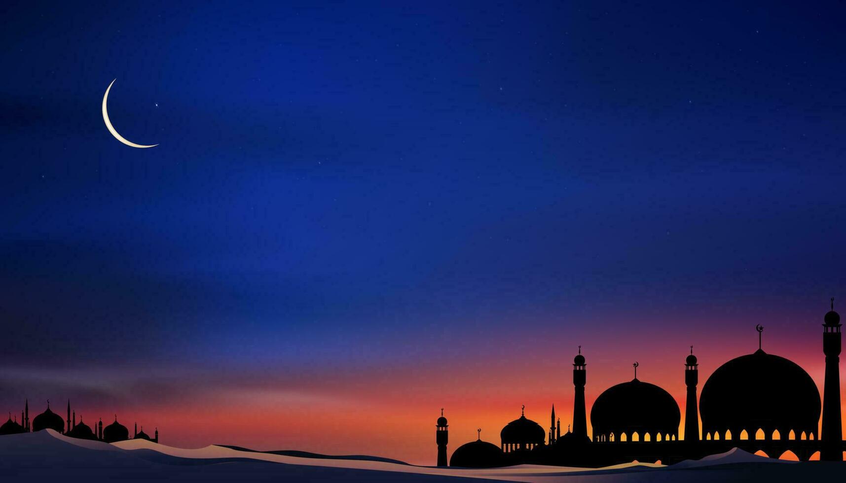 carta islamica con moschee a cupola silhouette, luna crescente su sfondo arancione cielo, notte vetor ramadhan con cielo al crepuscolo per la religione islamica, eid al-adha, eid mubarak, eid al fitr, ramadan kareem vettore