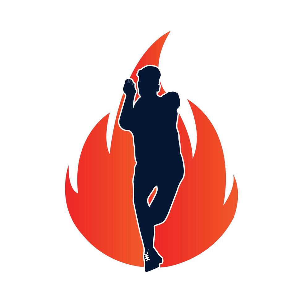 cricket bowling veloce giocatore di bowling con fuoco calore forma vettore illustrazione
