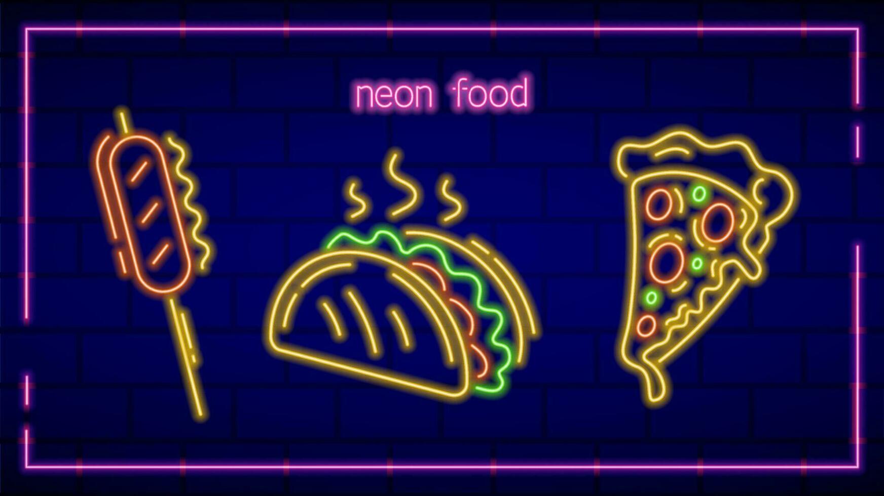 tre neon cibo icone con tacos, griglia salsiccia e Pizza, raggiante segni, illuminato vettore design decorazioni.