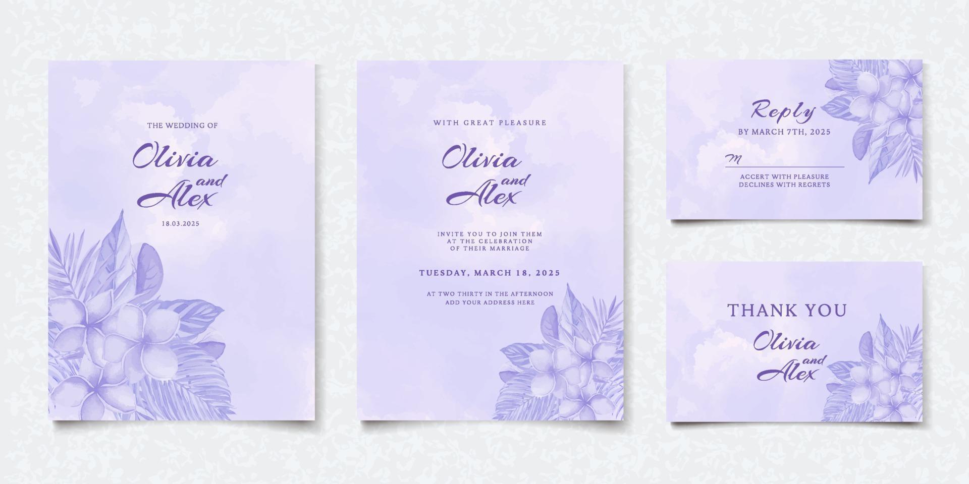 set di carta di invito matrimonio floreale viola dell'acquerello vettore