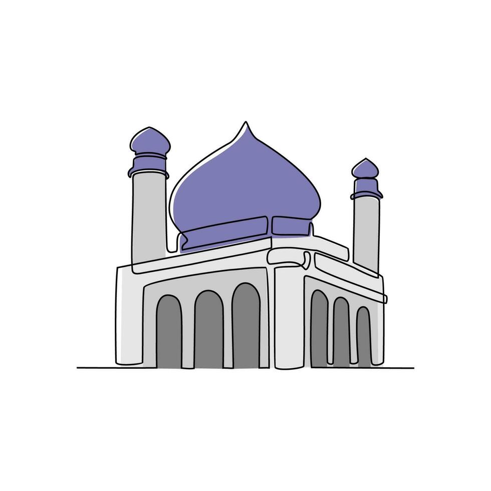 uno continuo linea disegno di un' moschea. design posto di musulmano preghiere con semplice lineare stile. Ramadan kareem design concetto vettore