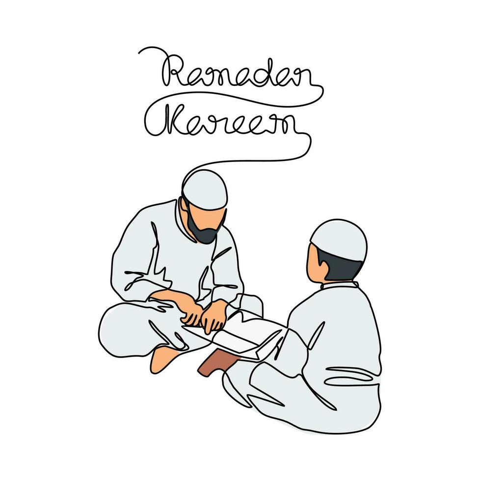 padre e il suo figlio apprendimento di Corano durante Ramadhan tempo nel continuo linea arte disegno stile. design con minimalista nero lineare design isolato su bianca sfondo. vettore illustrazione