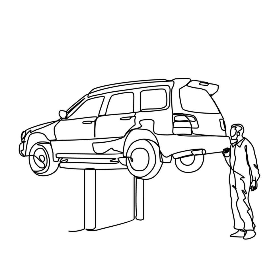 uno continuo linea disegno di un' meccanico è riparazione il macchina. settore automobilistico design concetto con semplice lineare stile. settore automobilistico vettore design illustrazione concetto.